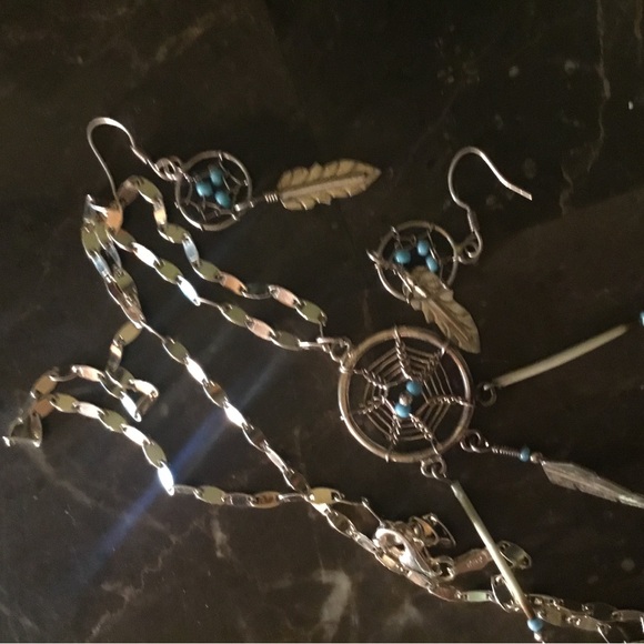 Vintage 925/Sterling Silver & Turquoise & Bone Necklace & Earring Set - Picture 3 of 15